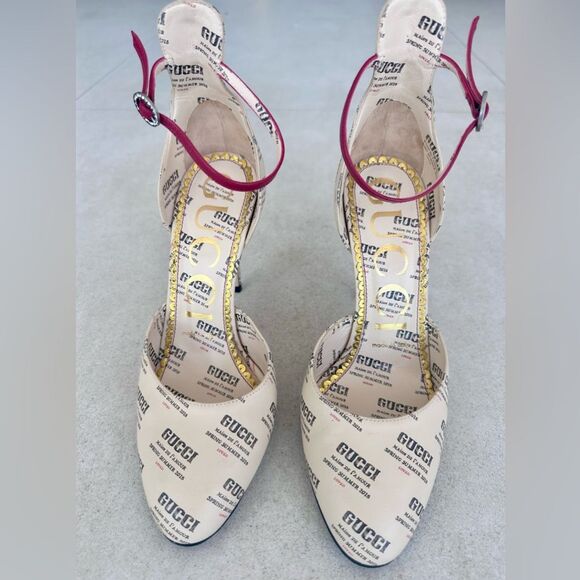 Gucci Apollo Gucci Stamp Print Beige Leather Logo Ankle Strap Pumps EU37.5 US7.5 - Picture 6 of 12